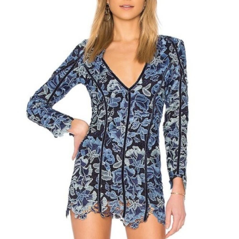 NBD X Corinne Womens Blue Lace Mini Dress Long Sleeve Floral Fitted V Neck